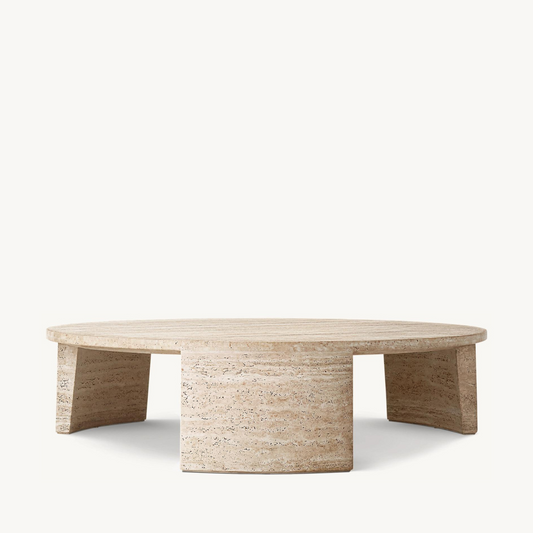 Three-legged travertine coffee table