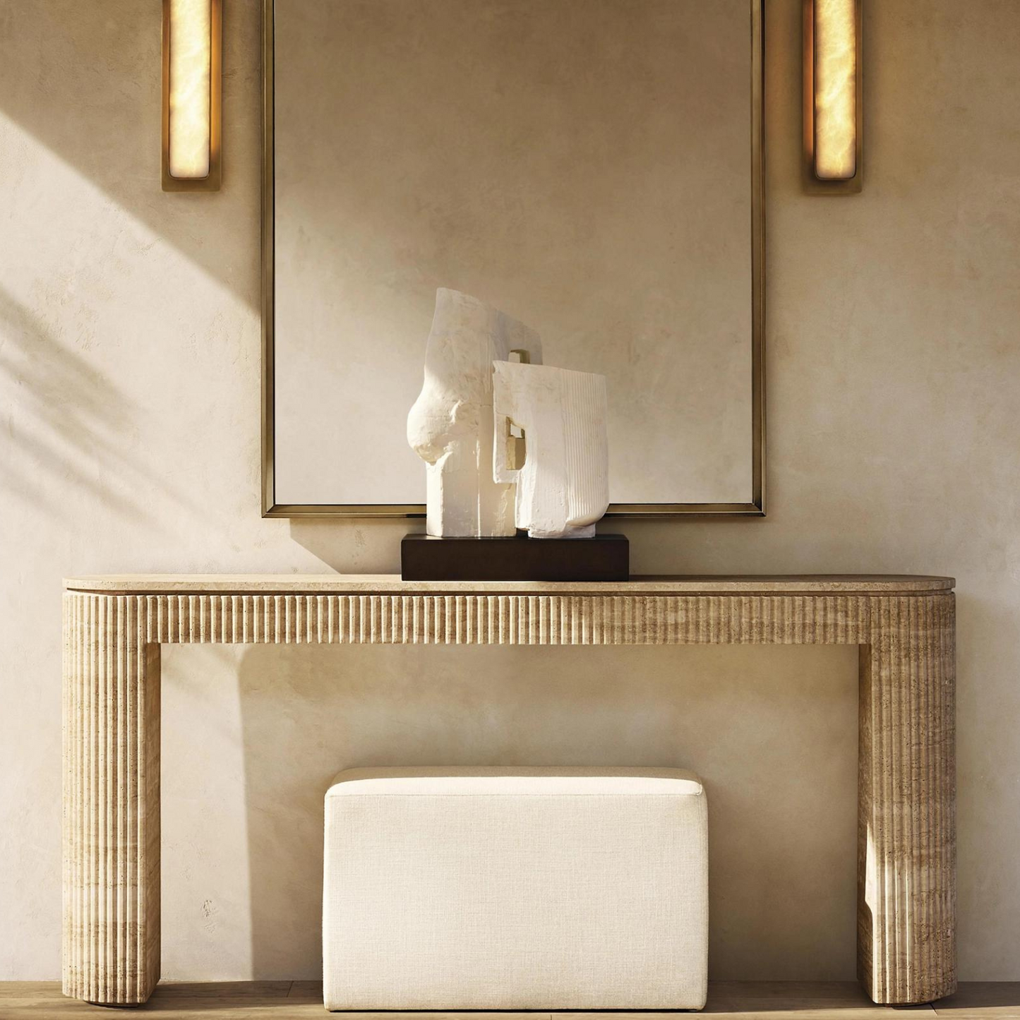 Console hand-carved in solid volubilis travertine TIVOLI Collection