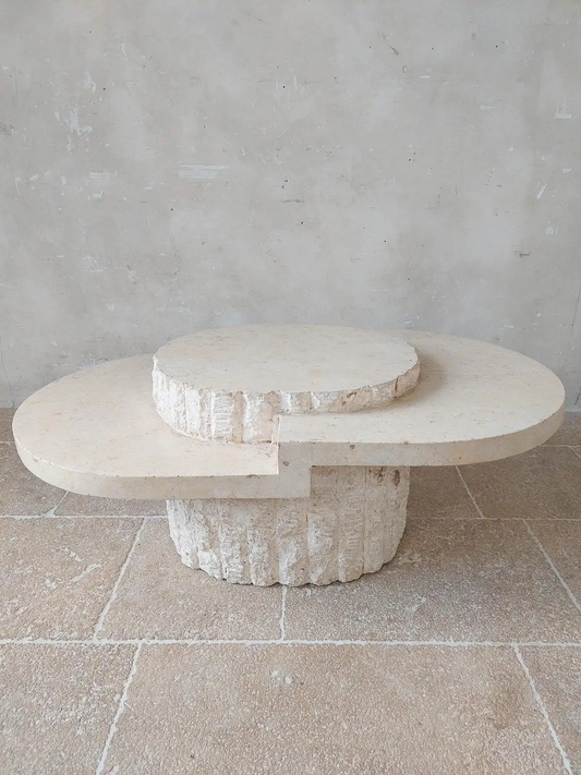 PALOMA coffee table in volubilis travertine and Taza stone