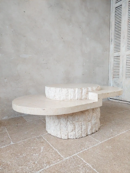 PALOMA coffee table in volubilis travertine and Taza stone