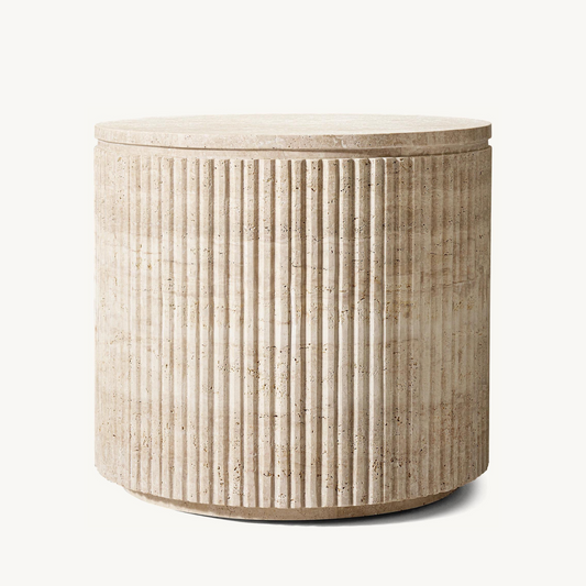 Round carved travertine side table