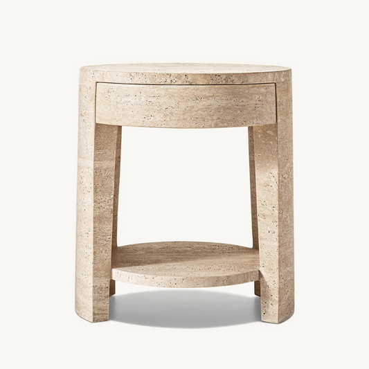 Round side table with 1 drawer in travertine