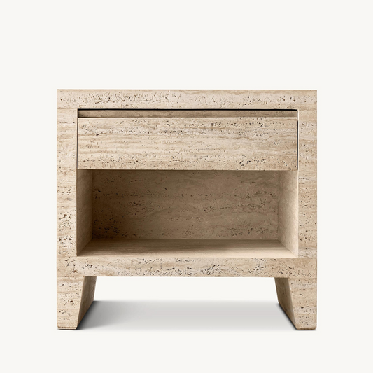 TIVOLI Collection solid volubilis travertine bedside table with 1 drawer