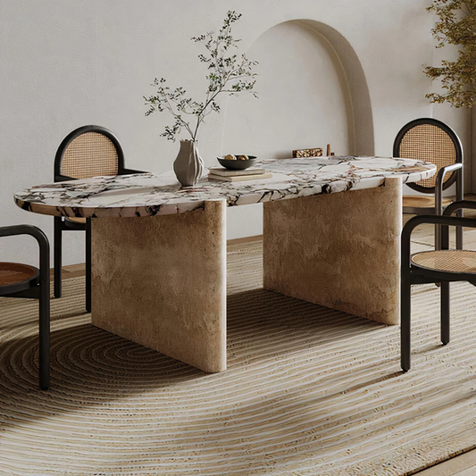 PALERMO marble and travertine dining table for 6 people