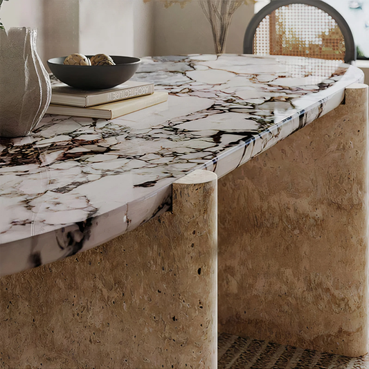 PALERMO marble and travertine dining table for 6 people