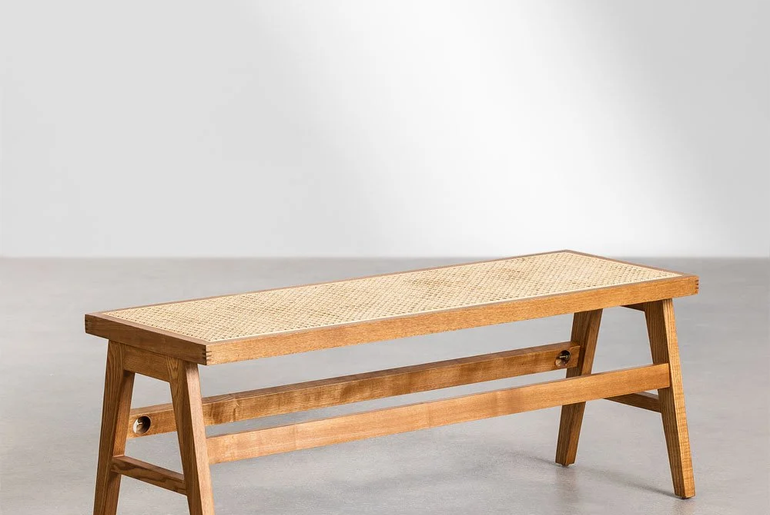 Banc en bois massif et cannage de rotin ALEJO