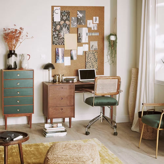 Chaise de bureau à roulettes en métal et cannage de rotin HANOÏ