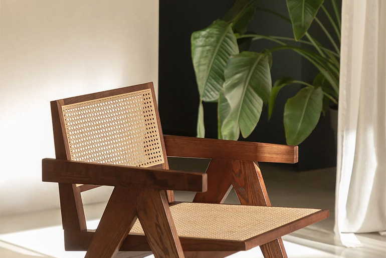 DIEGO solid wood and rattan cane armchair