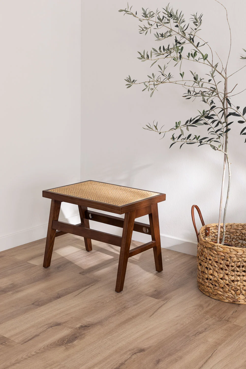 ALEJO solid walnut and rattan cane stool