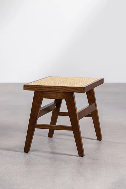 Tabouret en noyer massif et cannage rotin ALEJO